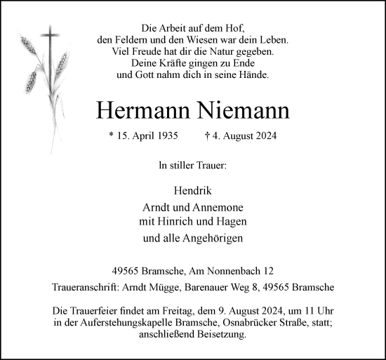 Traueranzeige von Hermann Niemann von Neue Osnabrücker Zeitung GmbH & Co. KG