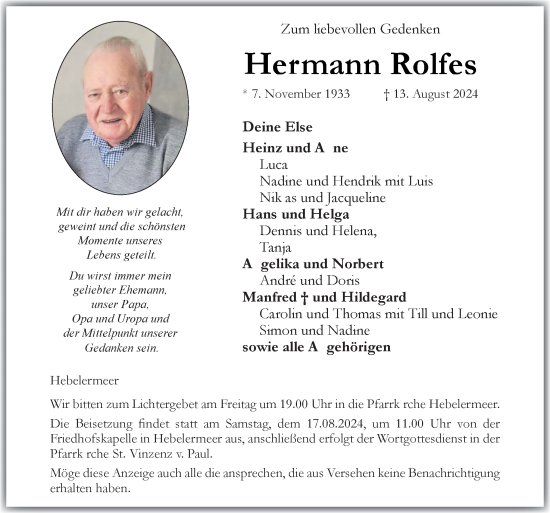 Traueranzeige von Hermann Rolfes von Neue Osnabrücker Zeitung GmbH & Co. KG