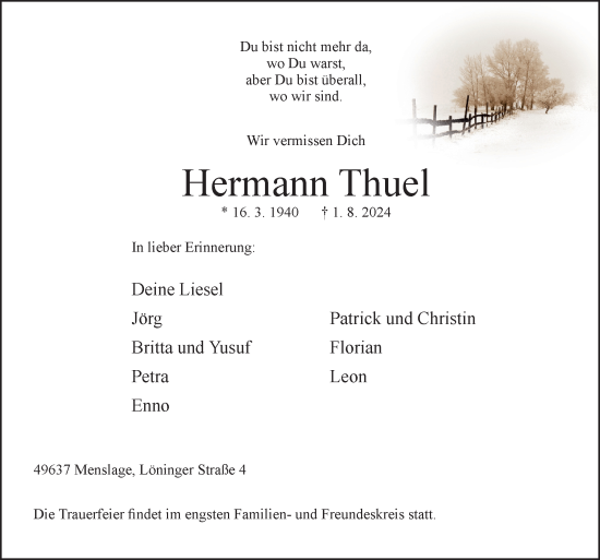 Traueranzeige von Hermann Thuel von Neue Osnabrücker Zeitung GmbH & Co. KG