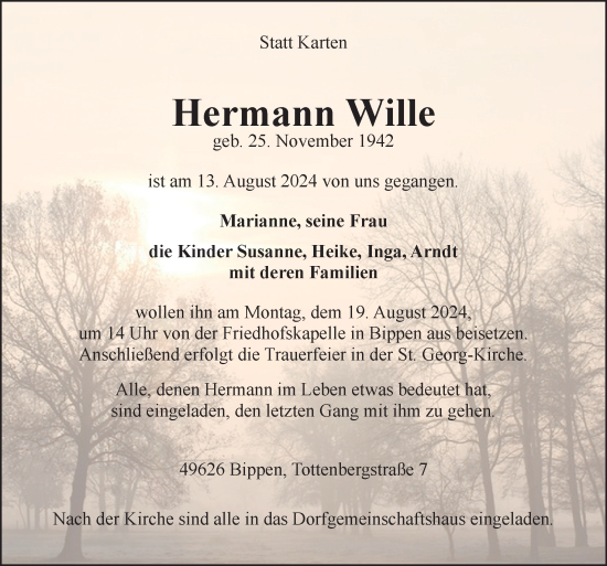 Traueranzeige von Hermann Wille von Neue Osnabrücker Zeitung GmbH & Co. KG