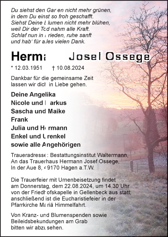 Traueranzeige von Hermann Josef Ossege von Neue Osnabrücker Zeitung GmbH & Co. KG