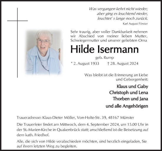 Traueranzeige von Hilde Isermann von Neue Osnabrücker Zeitung GmbH & Co. KG