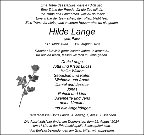 Traueranzeige von Hilde Lange von Neue Osnabrücker Zeitung GmbH & Co. KG