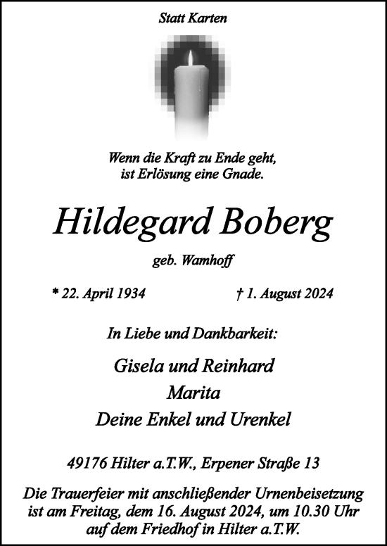 Traueranzeige von Hildegard Boberg von Neue Osnabrücker Zeitung GmbH & Co. KG