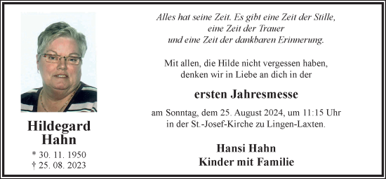 Traueranzeige von Hildegard Hahn von Neue Osnabrücker Zeitung GmbH & Co. KG