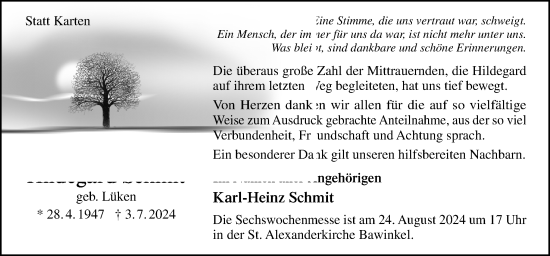 Traueranzeige von Hildegard Schmit von Neue Osnabrücker Zeitung GmbH & Co. KG