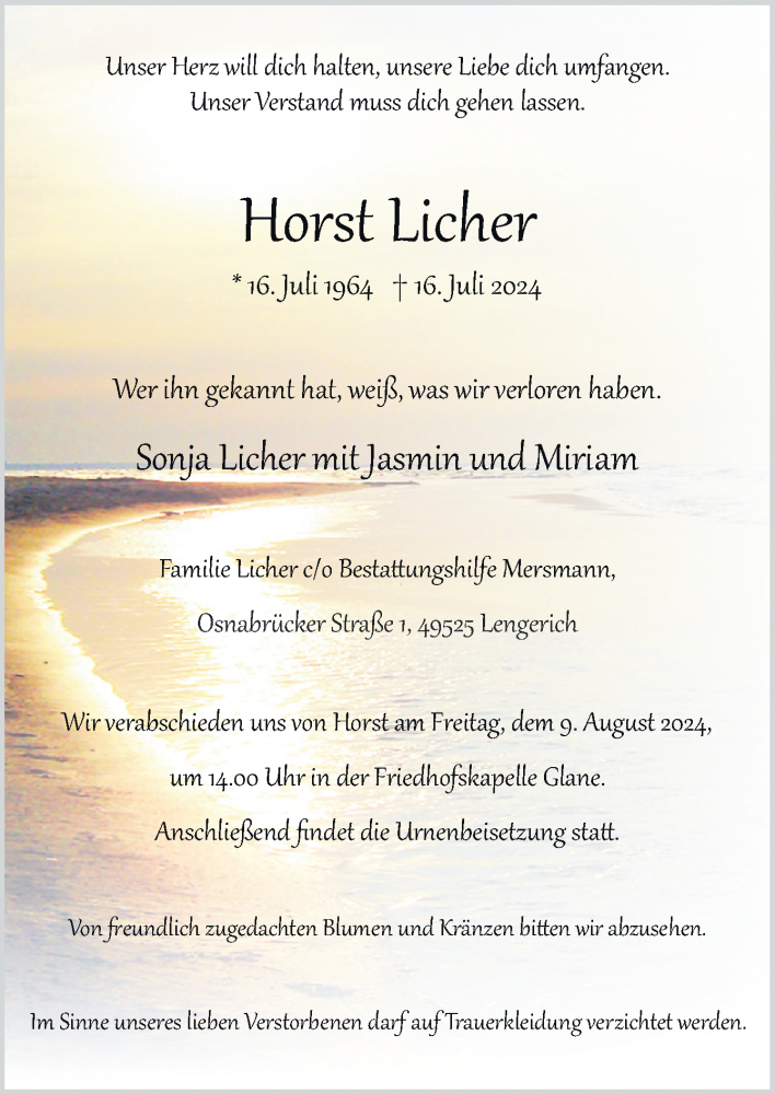  Traueranzeige für Horst Licher vom 03.08.2024 aus Neue Osnabrücker Zeitung GmbH & Co. KG