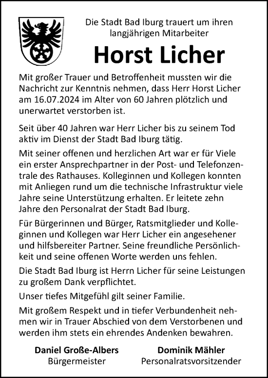 Traueranzeige von Horst Licher von Neue Osnabrücker Zeitung GmbH & Co. KG