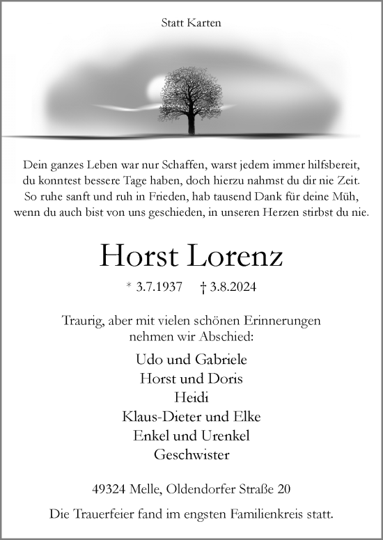 Traueranzeige von Horst Lorenz von Neue Osnabrücker Zeitung GmbH & Co. KG