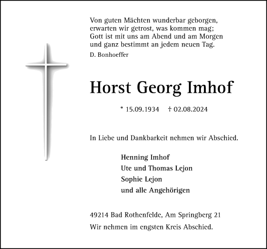 Traueranzeige von Horst Georg Imhof von Neue Osnabrücker Zeitung GmbH & Co. KG