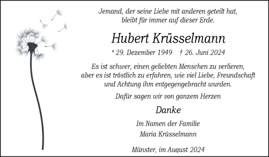 Traueranzeige von Hubert Krüsselmann von Neue Osnabrücker Zeitung GmbH & Co. KG