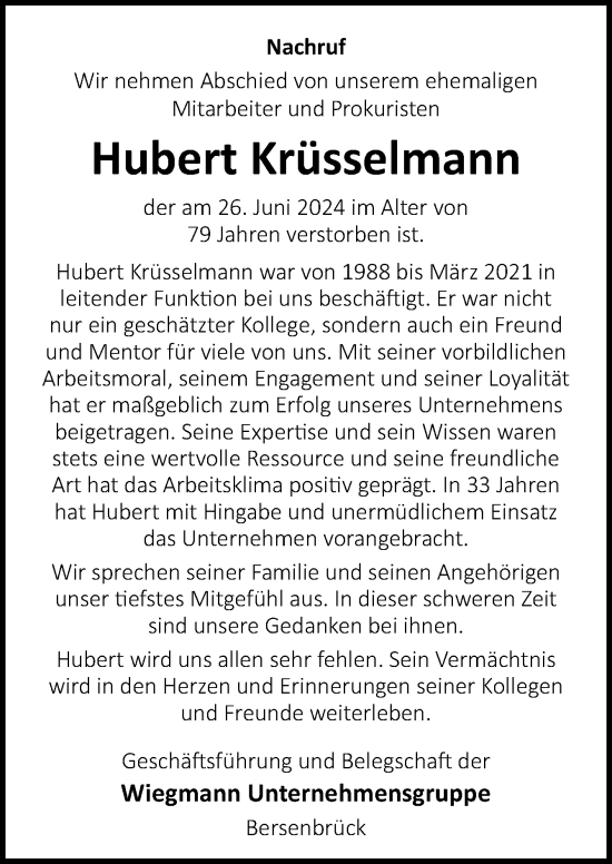 Traueranzeige von Hubert Krüsselmann von Neue Osnabrücker Zeitung GmbH & Co. KG