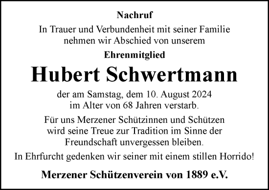 Traueranzeige von Hubert Schwertmann von Neue Osnabrücker Zeitung GmbH & Co. KG