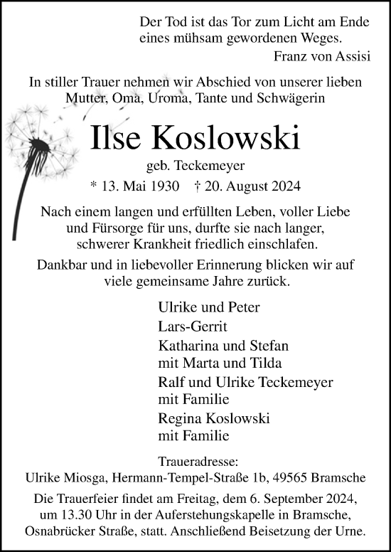 Traueranzeige von Ilse Koslowski von Neue Osnabrücker Zeitung GmbH & Co. KG