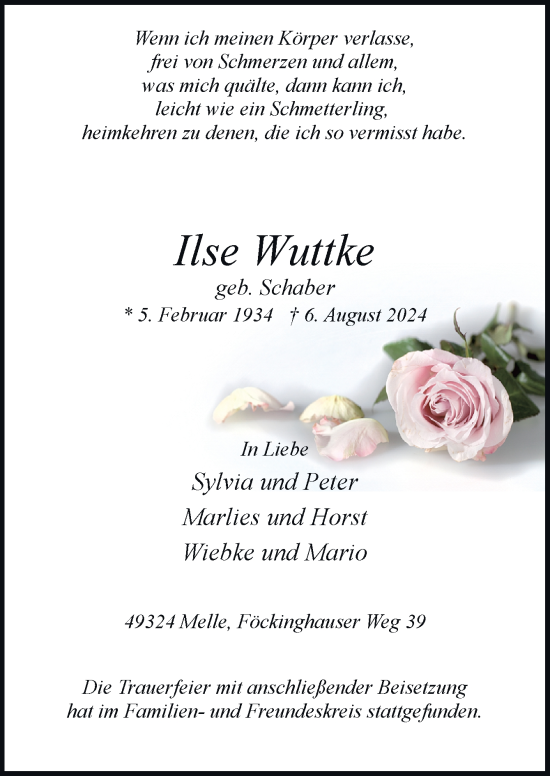 Traueranzeige von Ilse Wuttke von Neue Osnabrücker Zeitung GmbH & Co. KG