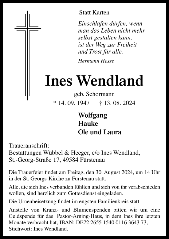 Traueranzeige von Ines Wendland von Neue Osnabrücker Zeitung GmbH & Co. KG