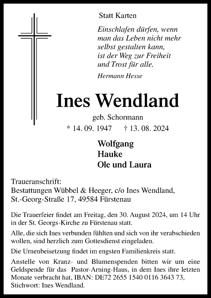  Traueranzeige für Ines Wendland vom 17.08.2024 aus Neue Osnabrücker Zeitung GmbH & Co. KG