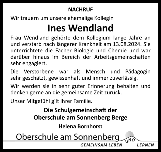 Traueranzeige von Ines Wendland von Neue Osnabrücker Zeitung GmbH & Co. KG