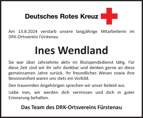 Traueranzeige von Ines Wendland von Neue Osnabrücker Zeitung GmbH & Co. KG