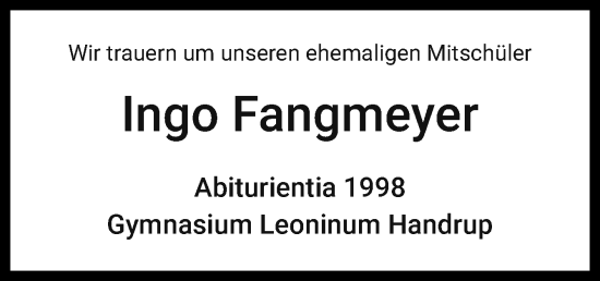 Traueranzeige von Ingo Fangmeyer von Neue Osnabrücker Zeitung GmbH & Co. KG