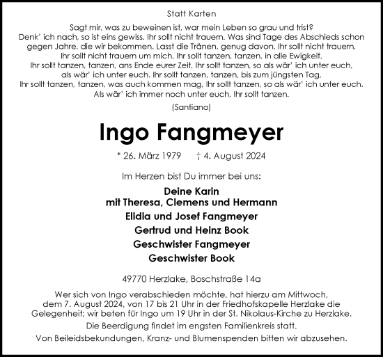 Traueranzeige von Ingo Fangmeyer von Neue Osnabrücker Zeitung GmbH & Co. KG