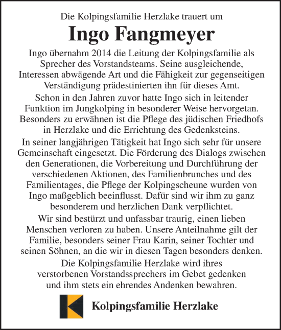 Traueranzeige von Ingo Fangmeyer von Neue Osnabrücker Zeitung GmbH & Co. KG