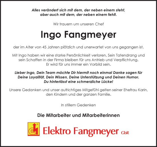 Traueranzeige von Ingo Fangmeyer von Neue Osnabrücker Zeitung GmbH & Co. KG