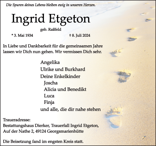 Traueranzeige von Ingrid Etgeton von Neue Osnabrücker Zeitung GmbH & Co. KG