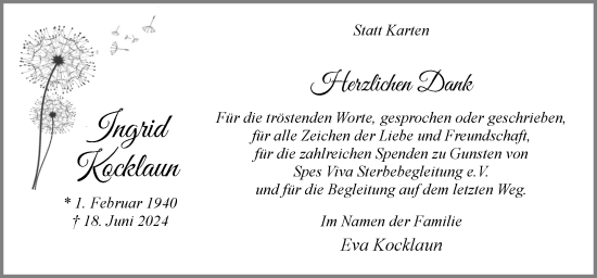 Traueranzeige von Ingrid Kocklaun von Neue Osnabrücker Zeitung GmbH & Co. KG