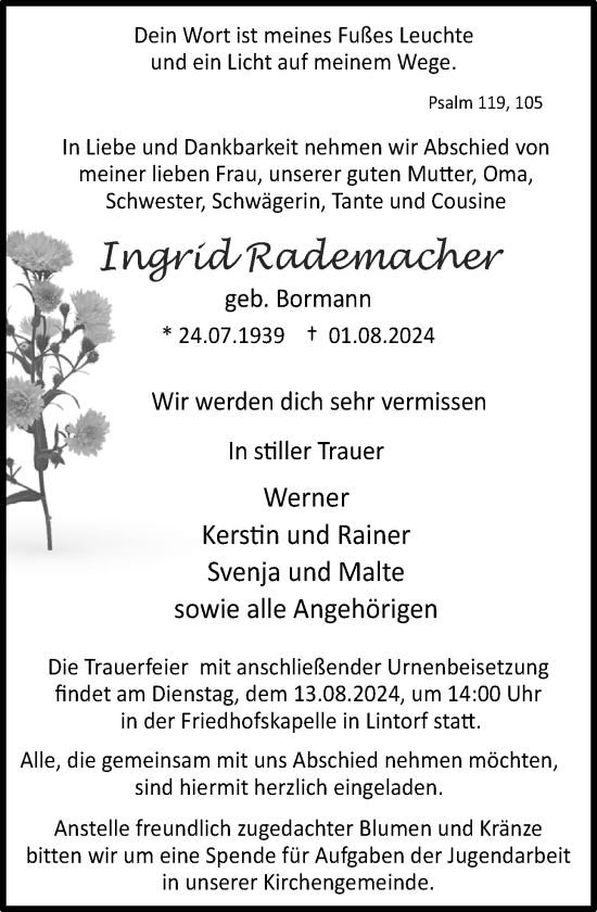 Traueranzeige von Ingrid Rademacher von Neue Osnabrücker Zeitung GmbH & Co. KG