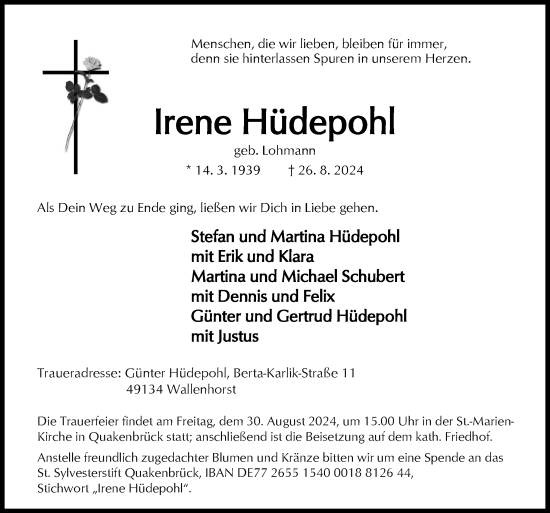 Traueranzeige von Irene Hüdepohl von Neue Osnabrücker Zeitung GmbH & Co. KG