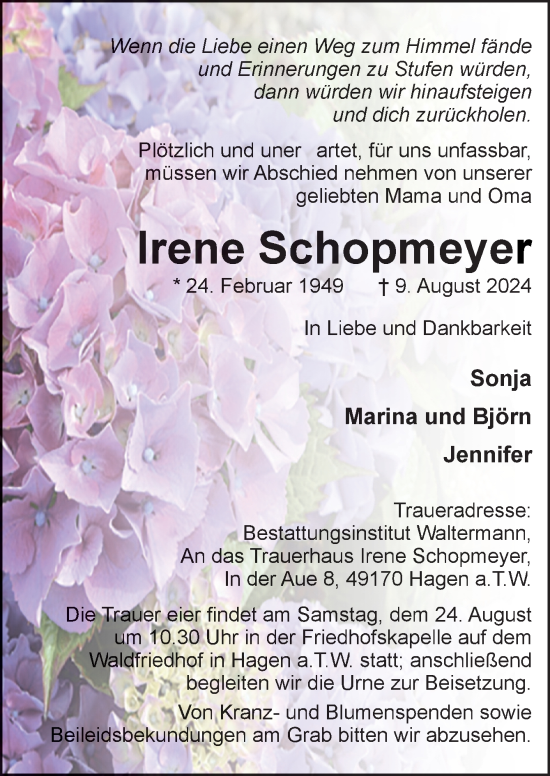 Traueranzeige von Irene Schopmeyer von Neue Osnabrücker Zeitung GmbH & Co. KG