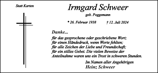 Traueranzeige von Irmgard Schweer von Neue Osnabrücker Zeitung GmbH & Co. KG