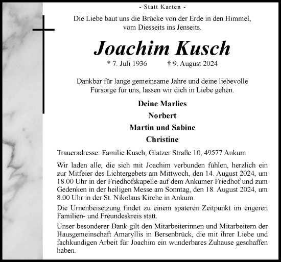 Traueranzeige von Joachim Kusch von Neue Osnabrücker Zeitung GmbH & Co. KG