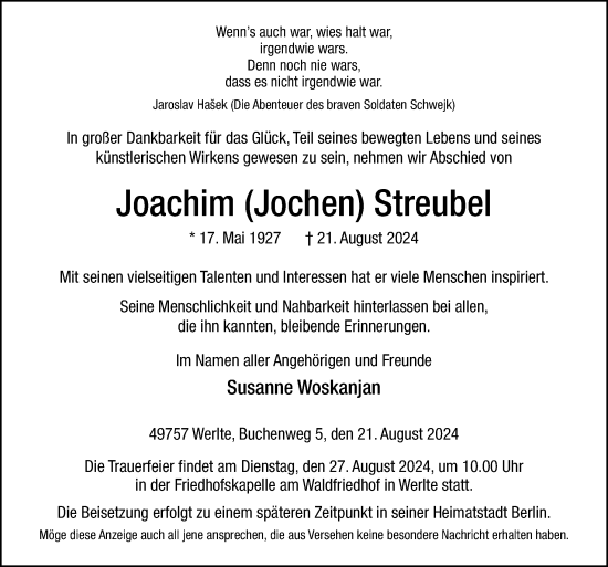 Traueranzeige von Joachim  Streubel von Neue Osnabrücker Zeitung GmbH & Co. KG