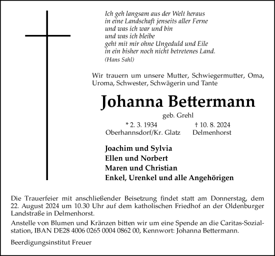 Traueranzeige von Johanna Bettermann von DK Medien GmbH & Co. KG