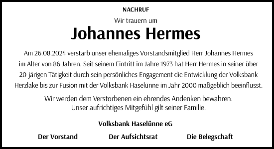 Traueranzeige von Johannes Hermes von Neue Osnabrücker Zeitung GmbH & Co. KG