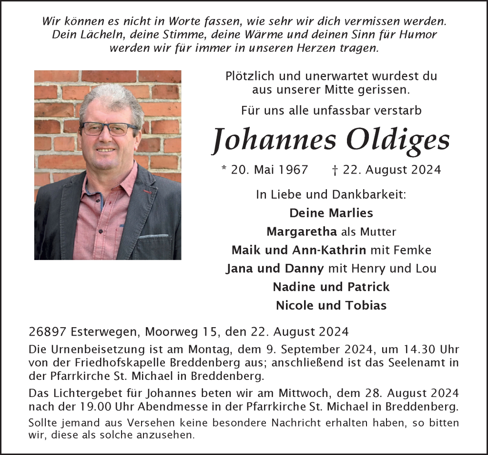  Traueranzeige für Johannes Oldiges vom 26.08.2024 aus Neue Osnabrücker Zeitung GmbH & Co. KG