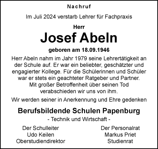 Traueranzeige von Josef Abeln von Neue Osnabrücker Zeitung GmbH & Co. KG