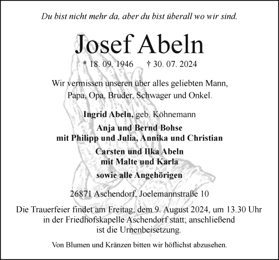 Traueranzeige von Josef Abeln von Neue Osnabrücker Zeitung GmbH & Co. KG