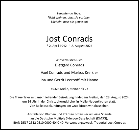 Traueranzeige von Jost Conrads von Neue Osnabrücker Zeitung GmbH & Co. KG