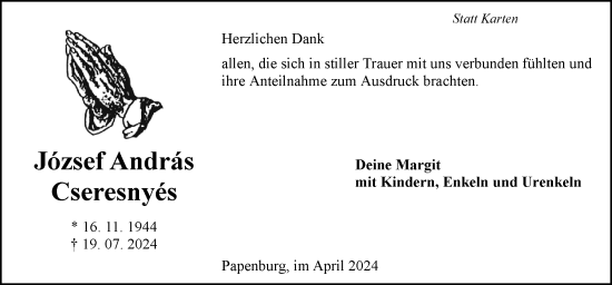 Traueranzeige von Jozsef Andras Cseresnyes von Neue Osnabrücker Zeitung GmbH & Co. KG