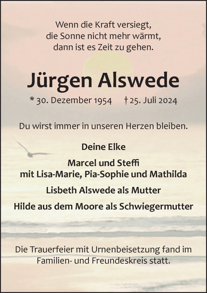  Traueranzeige für Jürgen Alswede vom 10.08.2024 aus Neue Osnabrücker Zeitung GmbH & Co. KG