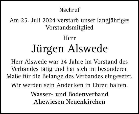 Traueranzeige von Jürgen Alswede von Neue Osnabrücker Zeitung GmbH & Co. KG