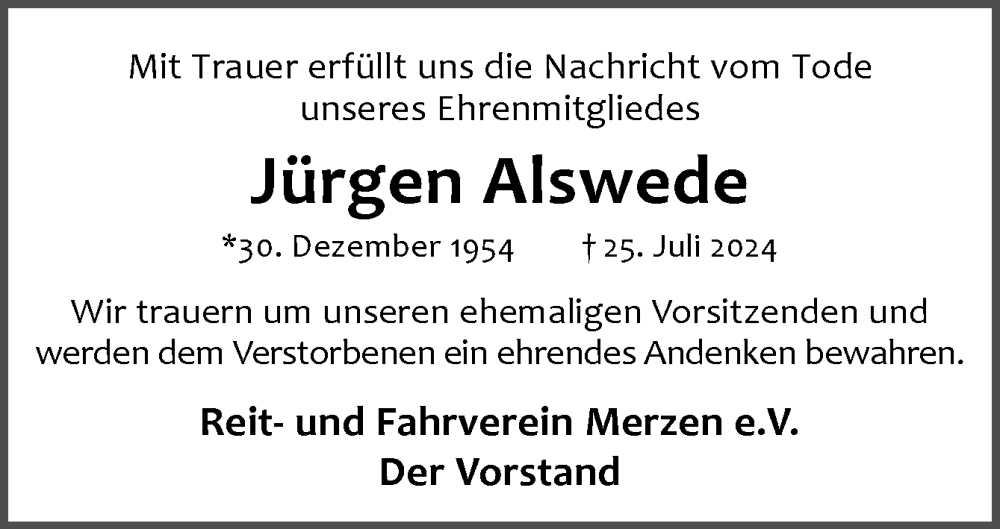  Traueranzeige für Jürgen Alswede vom 10.08.2024 aus Neue Osnabrücker Zeitung GmbH & Co. KG