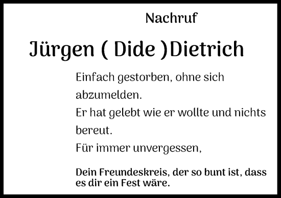 Traueranzeige von Jürgen Dietrich von Neue Osnabrücker Zeitung GmbH & Co. KG