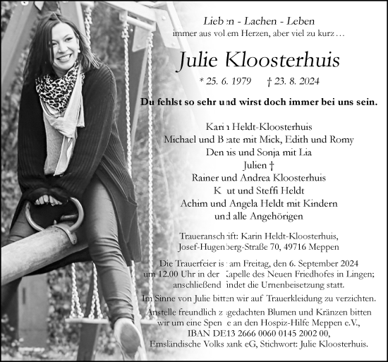 Traueranzeige von Julie Kloosterhuis von Neue Osnabrücker Zeitung GmbH & Co. KG