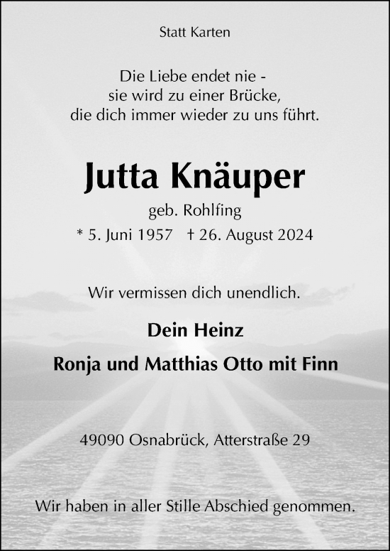 Traueranzeige von Jutta Knäuper von Neue Osnabrücker Zeitung GmbH & Co. KG