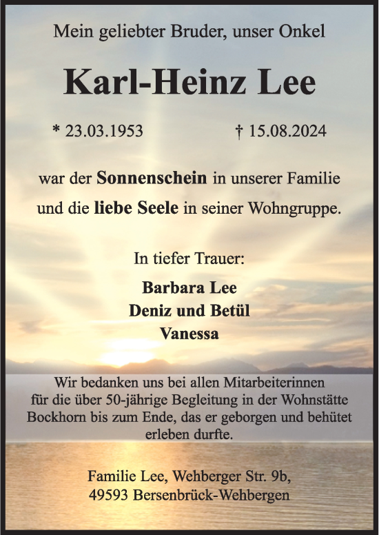 Traueranzeige von Karl-Heinz Lee von Neue Osnabrücker Zeitung GmbH & Co. KG