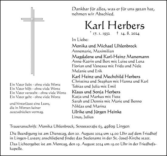 Traueranzeige von Karl Herbers von Neue Osnabrücker Zeitung GmbH & Co. KG